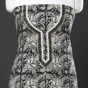 Black - Kalamkari Block Printed Thread & Bead Work Embroidered Cotton Kurta Material - 2.6 Meter