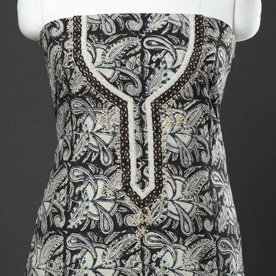 Black - Kalamkari Block Printed Thread & Bead Work Embroidered Cotton Kurta Material - 2.6 Meter