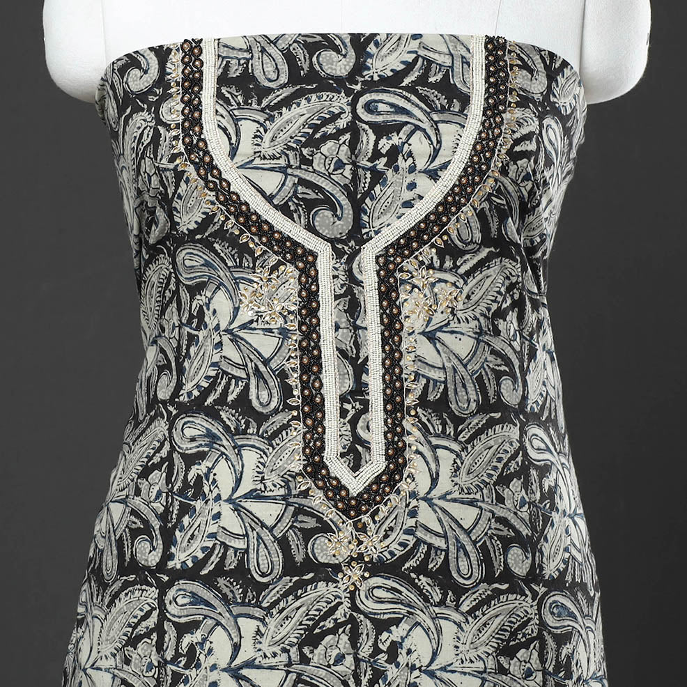 Black - Kalamkari Block Printed Thread & Bead Work Embroidered Cotton Kurta Material - 2.6 Meter