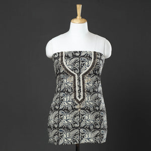 Black - Kalamkari Block Printed Thread & Bead Work Embroidered Cotton Kurta Material - 2.6 Meter