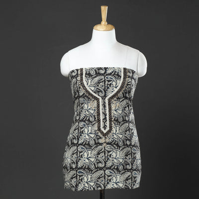 Black - Kalamkari Block Printed Thread & Bead Work Embroidered Cotton Kurta Material - 2.6 Meter