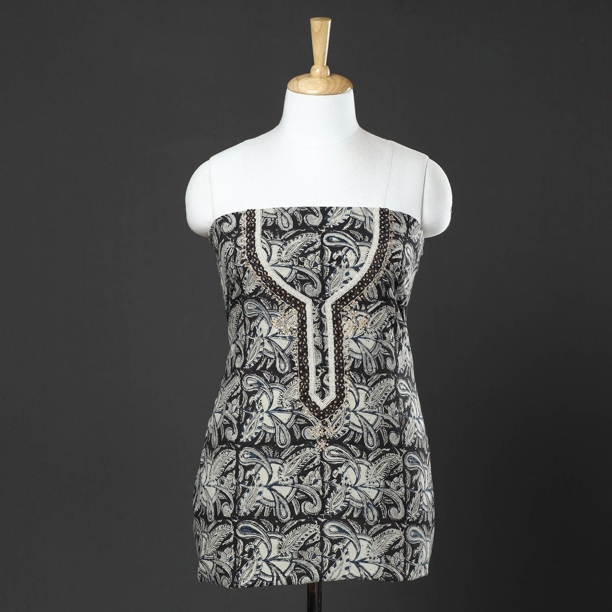 Black - Kalamkari Block Printed Thread & Bead Work Embroidered Cotton Kurta Material - 2.6 Meter
