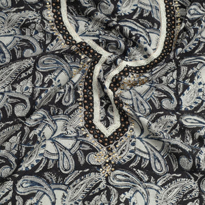 Black - Kalamkari Block Printed Thread & Bead Work Embroidered Cotton Kurta Material - 2.6 Meter