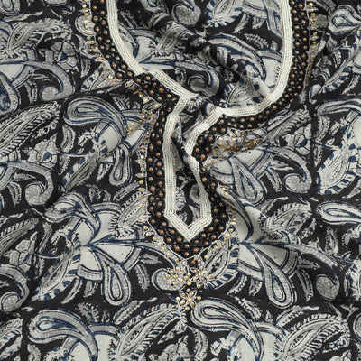 Black - Kalamkari Block Printed Thread & Bead Work Embroidered Cotton Kurta Material - 2.6 Meter