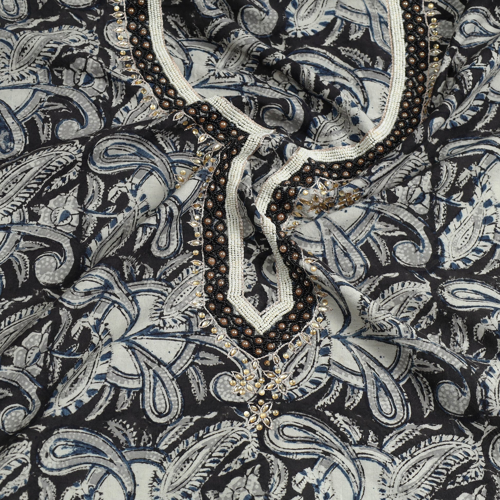 Black - Kalamkari Block Printed Thread & Bead Work Embroidered Cotton Kurta Material - 2.6 Meter