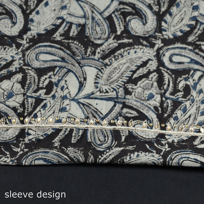 Black - Kalamkari Block Printed Thread & Bead Work Embroidered Cotton Kurta Material - 2.6 Meter