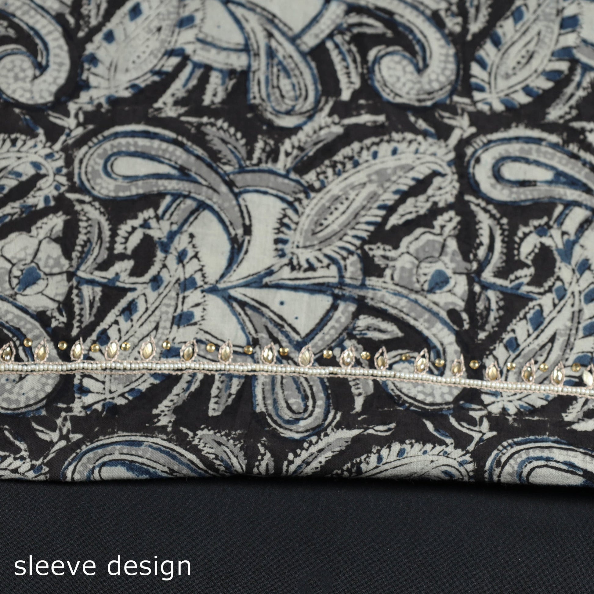 Black - Kalamkari Block Printed Thread & Bead Work Embroidered Cotton Kurta Material - 2.6 Meter