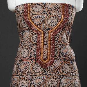 Black - Kalamkari Block Printed Thread & Bead Work Embroidered Cotton Kurta Material - 2.55 Meter