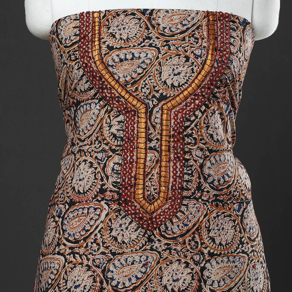 Black - Kalamkari Block Printed Thread & Bead Work Embroidered Cotton Kurta Material - 2.55 Meter
