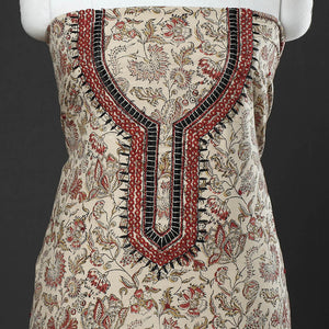 Beige - Kalamkari Block Printed Thread & Bead Work Embroidered Cotton Kurta Material - 2.6 Meter