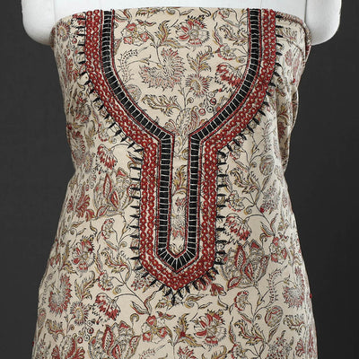 Beige - Kalamkari Block Printed Thread & Bead Work Embroidered Cotton Kurta Material - 2.6 Meter