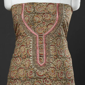 Brown - Kalamkari Block Printed Thread & Bead Work Embroidered Cotton Kurta Material - 2.55 Meter