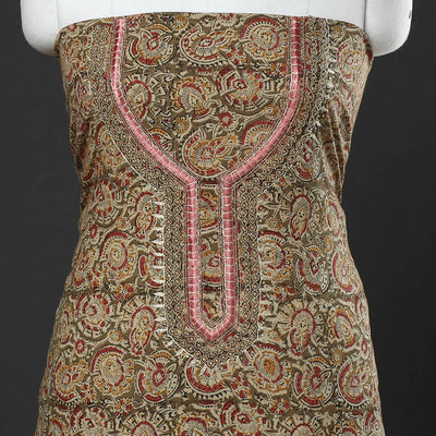 Brown - Kalamkari Block Printed Thread & Bead Work Embroidered Cotton Kurta Material - 2.55 Meter