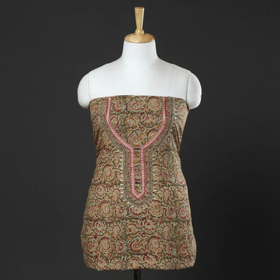 Brown - Kalamkari Block Printed Thread & Bead Work Embroidered Cotton Kurta Material - 2.55 Meter