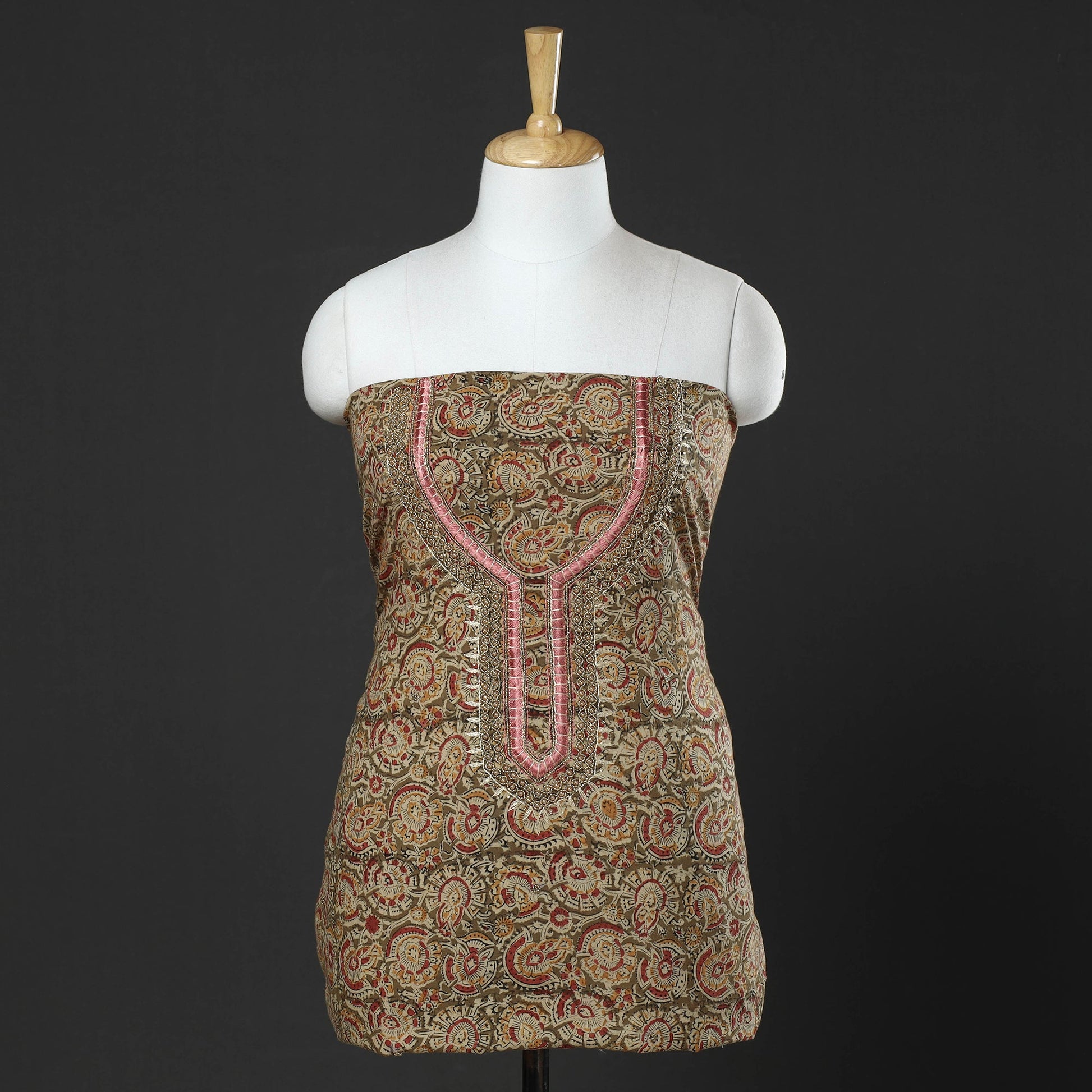 Brown - Kalamkari Block Printed Thread & Bead Work Embroidered Cotton Kurta Material - 2.55 Meter