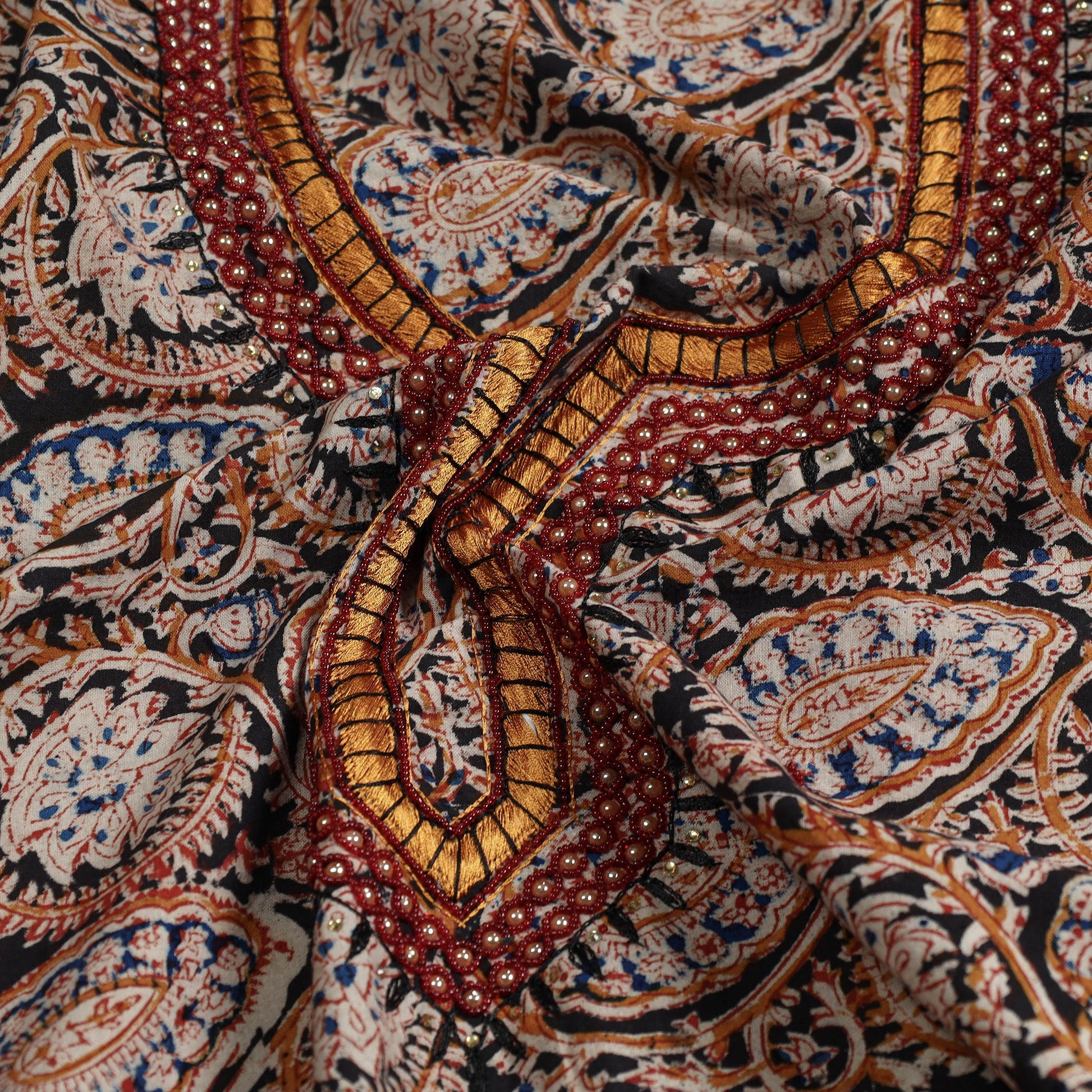Black - Kalamkari Block Printed Thread & Bead Work Embroidered Cotton Kurta Material - 2.55 Meter
