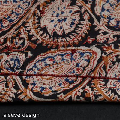 Black - Kalamkari Block Printed Thread & Bead Work Embroidered Cotton Kurta Material - 2.55 Meter