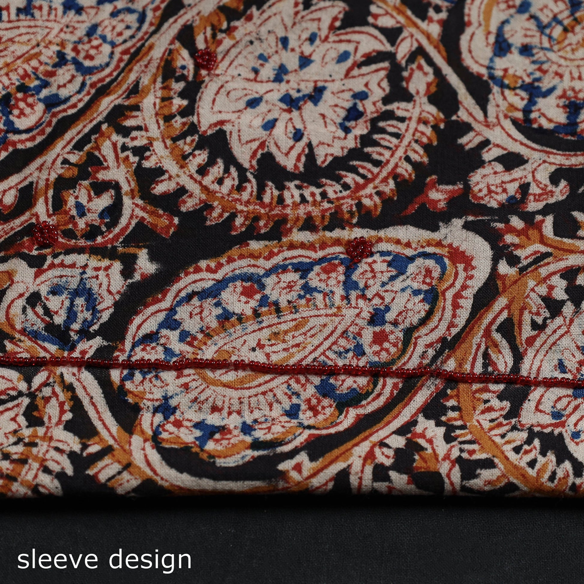 Black - Kalamkari Block Printed Thread & Bead Work Embroidered Cotton Kurta Material - 2.55 Meter