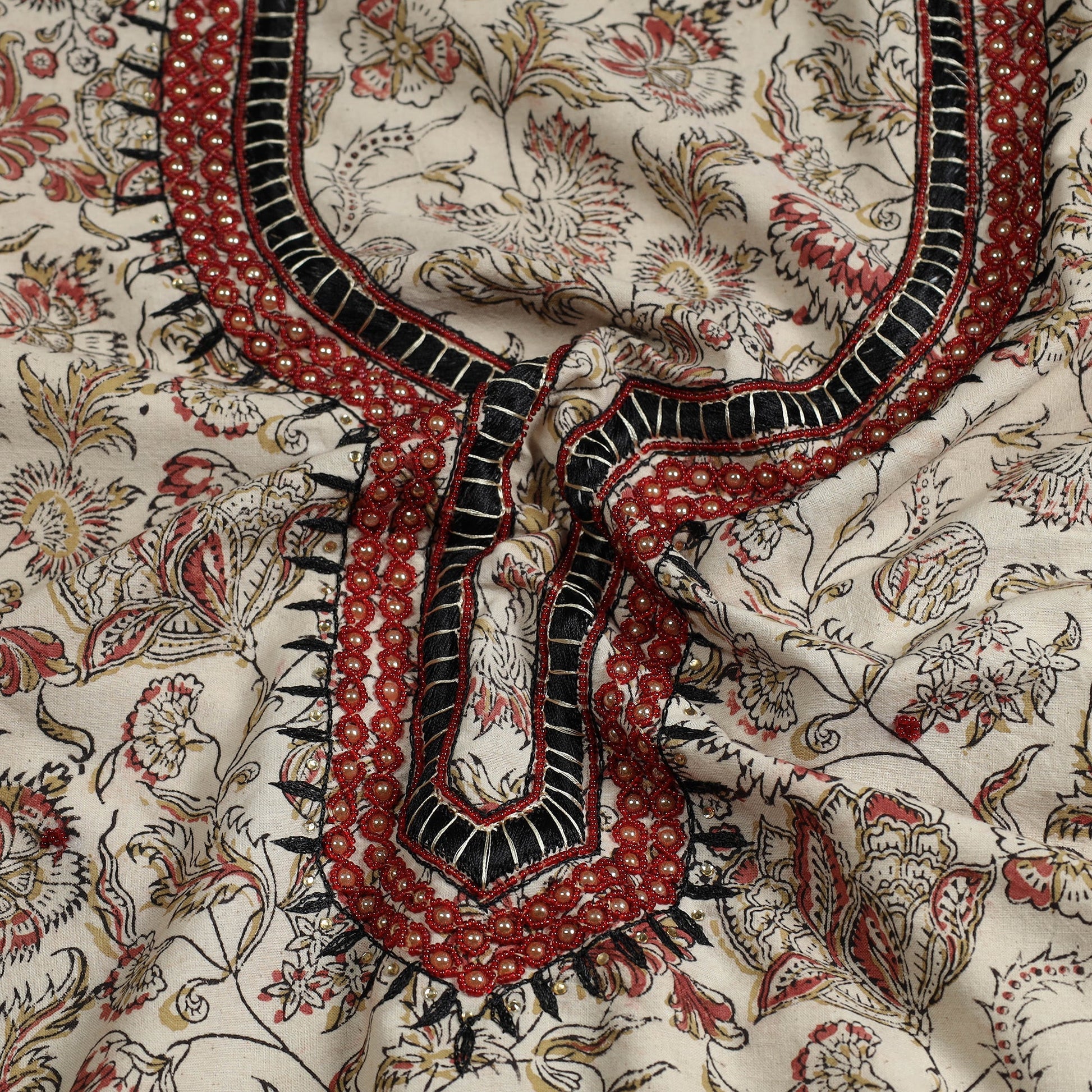 Beige - Kalamkari Block Printed Thread & Bead Work Embroidered Cotton Kurta Material - 2.6 Meter