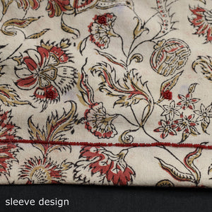 Beige - Kalamkari Block Printed Thread & Bead Work Embroidered Cotton Kurta Material - 2.6 Meter
