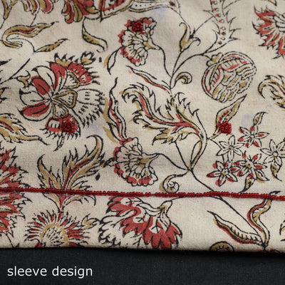 Beige - Kalamkari Block Printed Thread & Bead Work Embroidered Cotton Kurta Material - 2.6 Meter