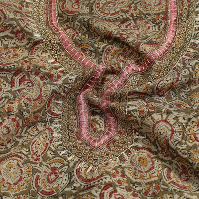 Brown - Kalamkari Block Printed Thread & Bead Work Embroidered Cotton Kurta Material - 2.55 Meter