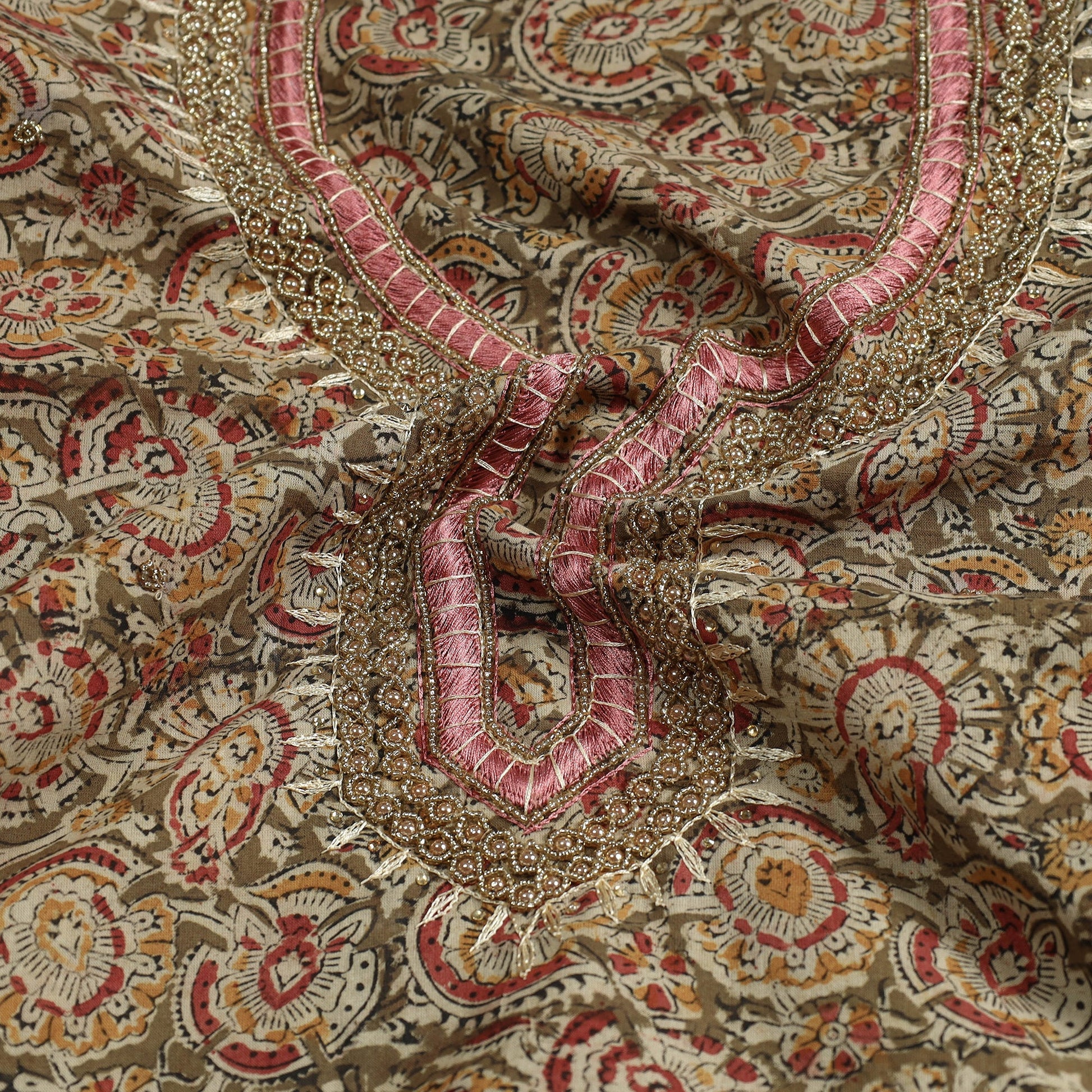 Brown - Kalamkari Block Printed Thread & Bead Work Embroidered Cotton Kurta Material - 2.55 Meter