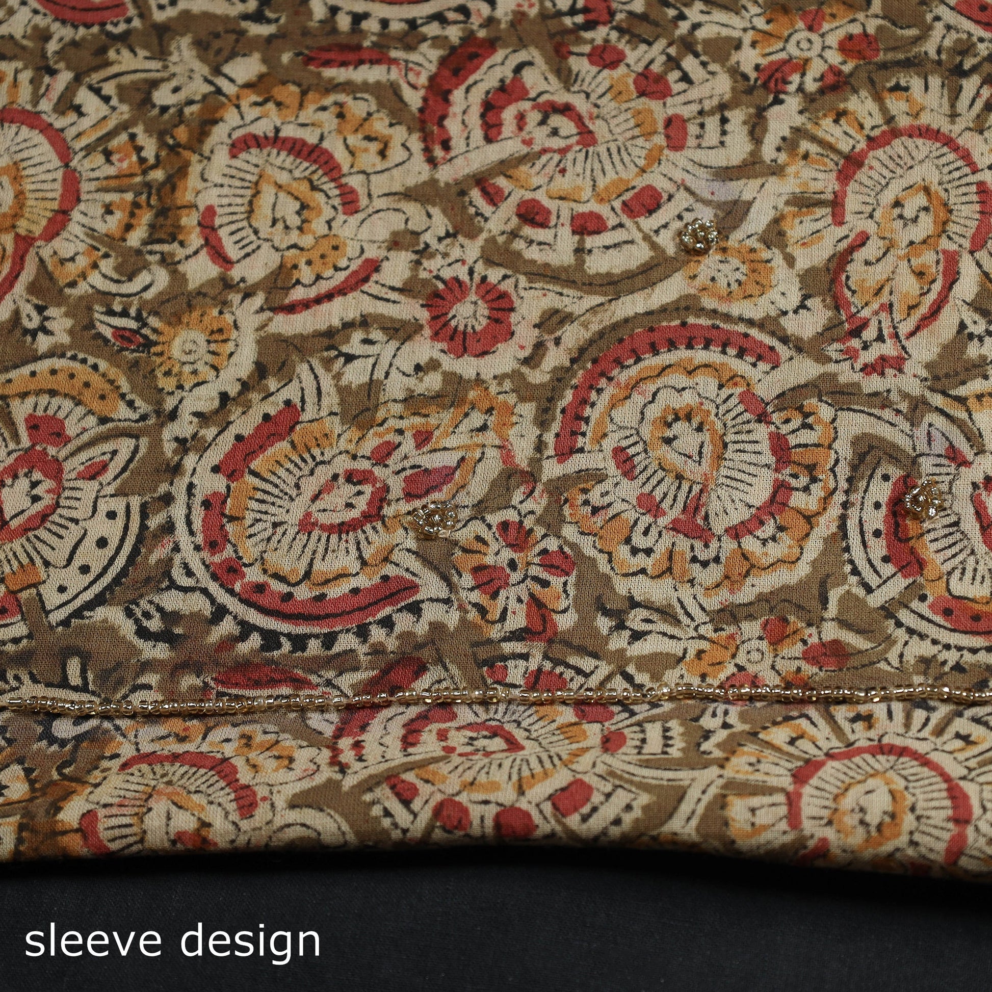 Brown - Kalamkari Block Printed Thread & Bead Work Embroidered Cotton Kurta Material - 2.55 Meter