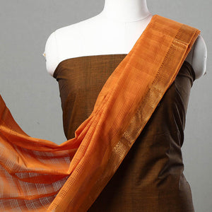 Brown - 3pc Mangalagiri Handloom Cotton Suit Material Set with Zari Border