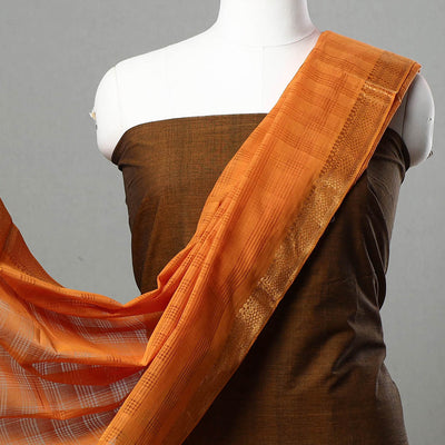 Brown - 3pc Mangalagiri Handloom Cotton Suit Material Set with Zari Border