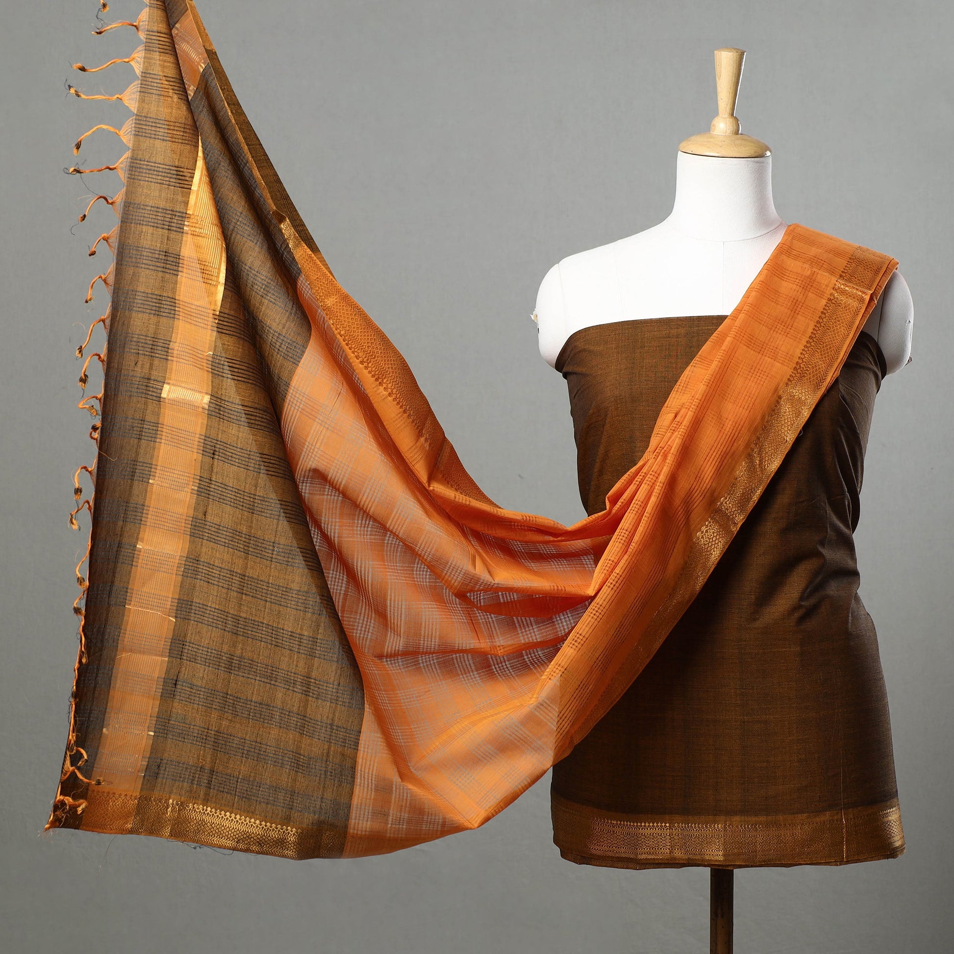 Brown - 3pc Mangalagiri Handloom Cotton Suit Material Set with Zari Border