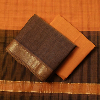 Brown - 3pc Mangalagiri Handloom Cotton Suit Material Set with Zari Border