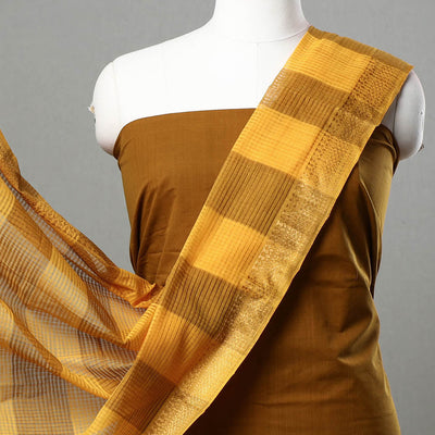 Brown - 3pc Mangalagiri Handloom Cotton Dress Material