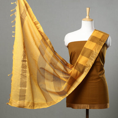 Brown - 3pc Mangalagiri Handloom Cotton Dress Material