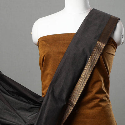 Brown - 3pc Mangalagiri Handloom Cotton Suit Material Set with Zari Border