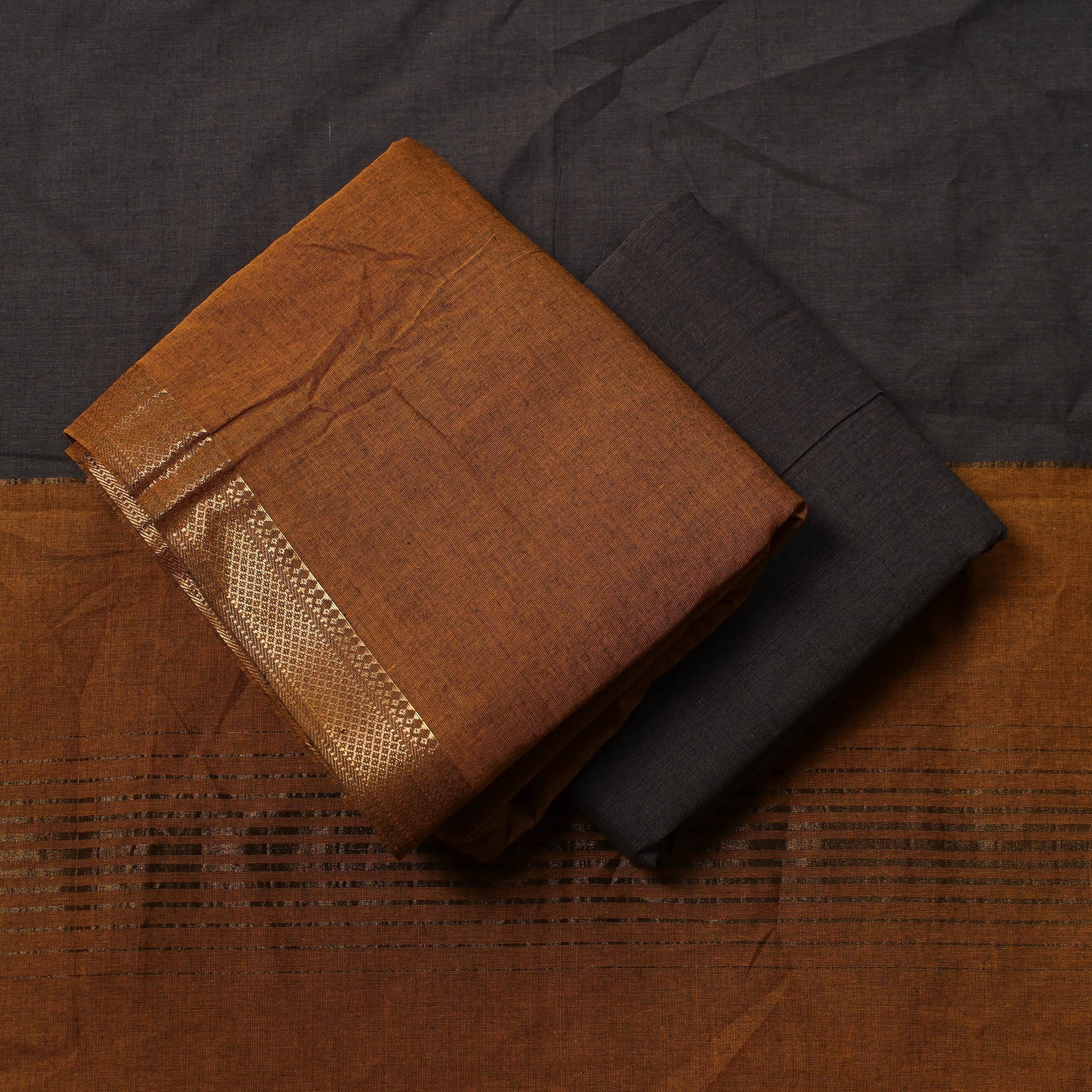 Brown - 3pc Mangalagiri Handloom Cotton Suit Material Set with Zari Border