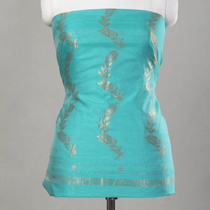 Green - 3pc Chanderi Silk Cotton Handloom Flower Zari Buta Suit Material Set