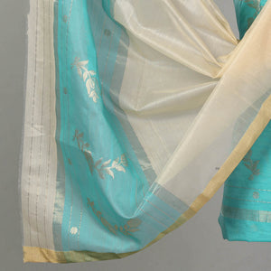 Green - 3pc Chanderi Silk Cotton Handloom Flower Zari Buta Suit Material Set