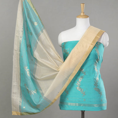 Green - 3pc Chanderi Silk Cotton Handloom Flower Zari Buta Suit Material Set