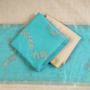 Green - 3pc Chanderi Silk Cotton Handloom Flower Zari Buta Suit Material Set