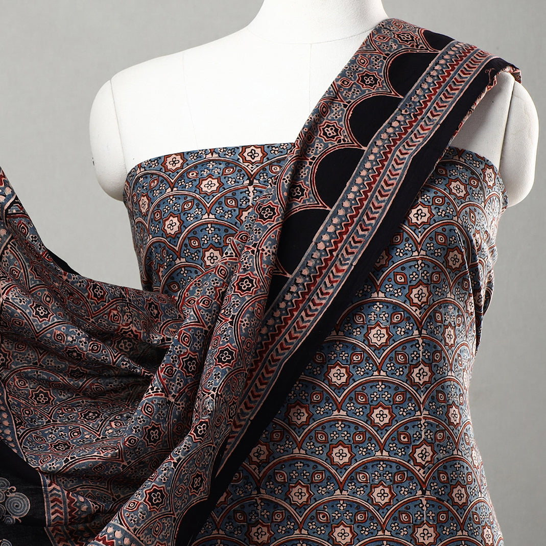 Blue - 3pc Ajrakh Block Printed Natural Dyed Cotton Suit Material Set 01