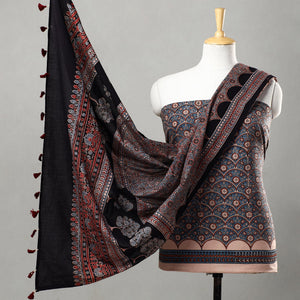 Blue - 3pc Ajrakh Block Printed Natural Dyed Cotton Suit Material Set 01