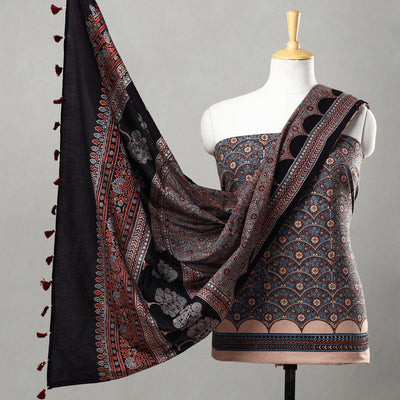 Blue - 3pc Ajrakh Block Printed Natural Dyed Cotton Suit Material Set 01