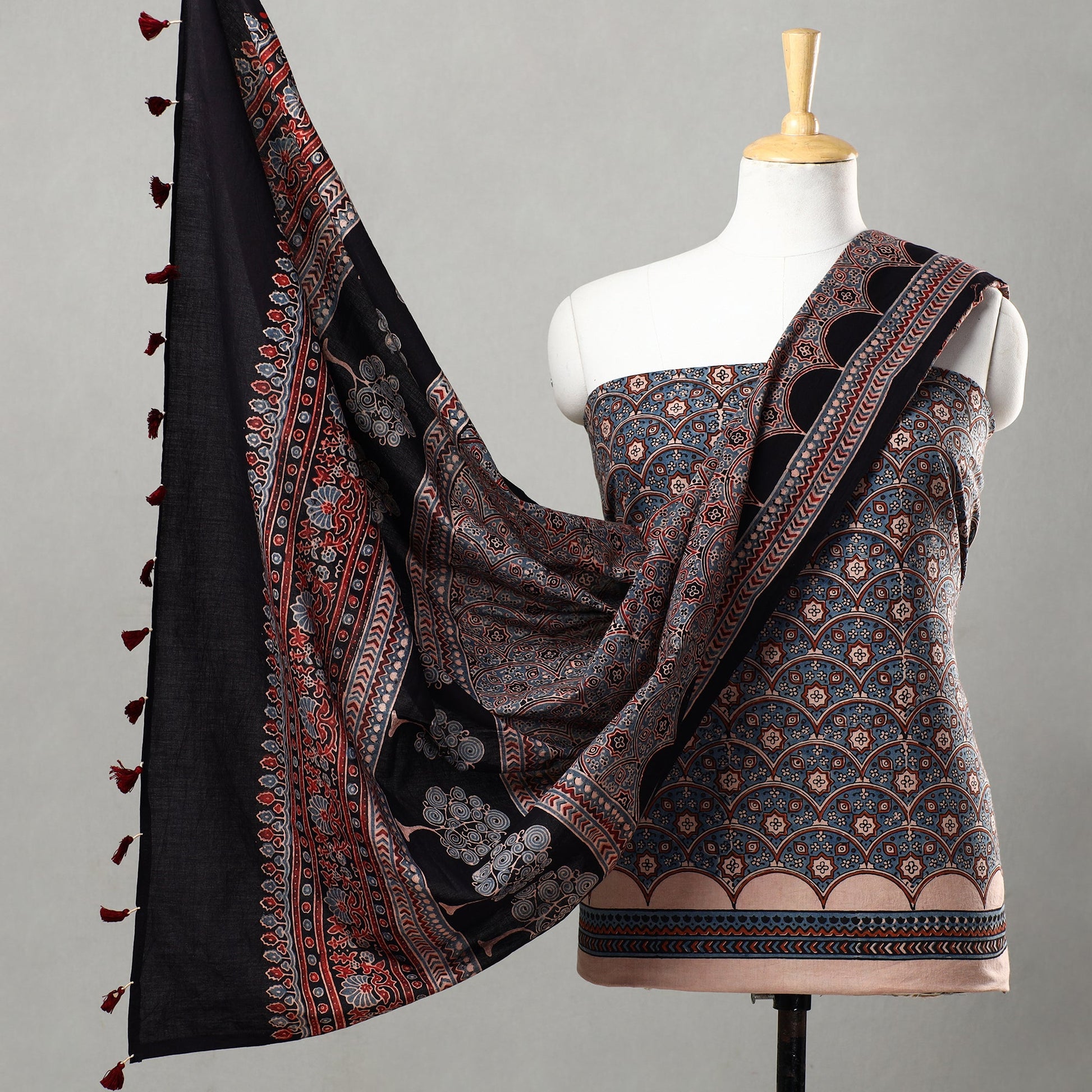 Blue - 3pc Ajrakh Block Printed Natural Dyed Cotton Suit Material Set 01