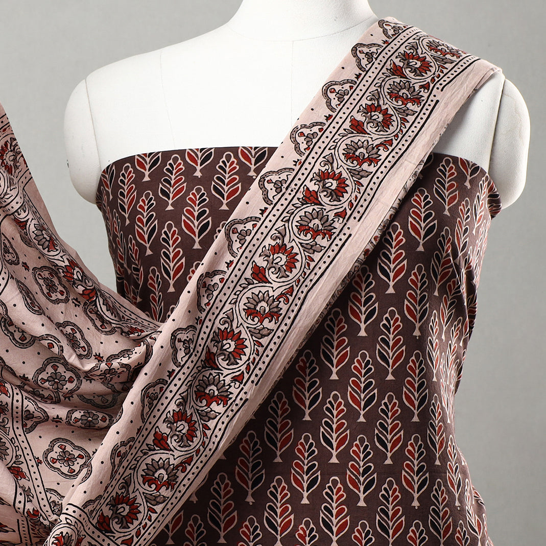 Brown - 3pc Ajrakh Block Printed Natural Dyed Cotton Suit Material Set 03