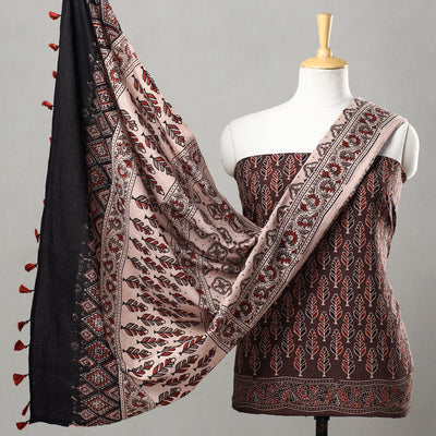Brown - 3pc Ajrakh Block Printed Natural Dyed Cotton Suit Material Set 03
