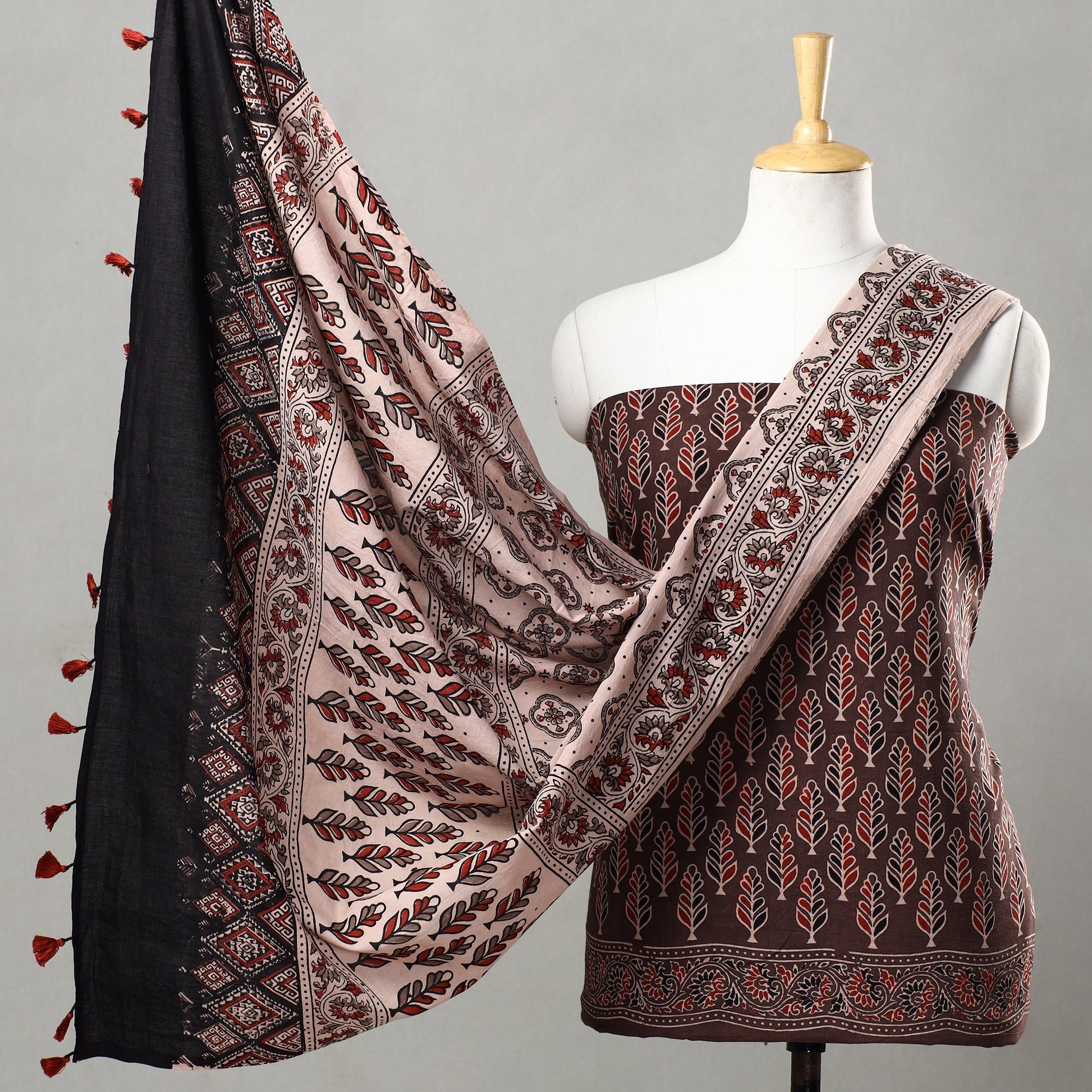 Brown - 3pc Ajrakh Block Printed Natural Dyed Cotton Suit Material Set 03