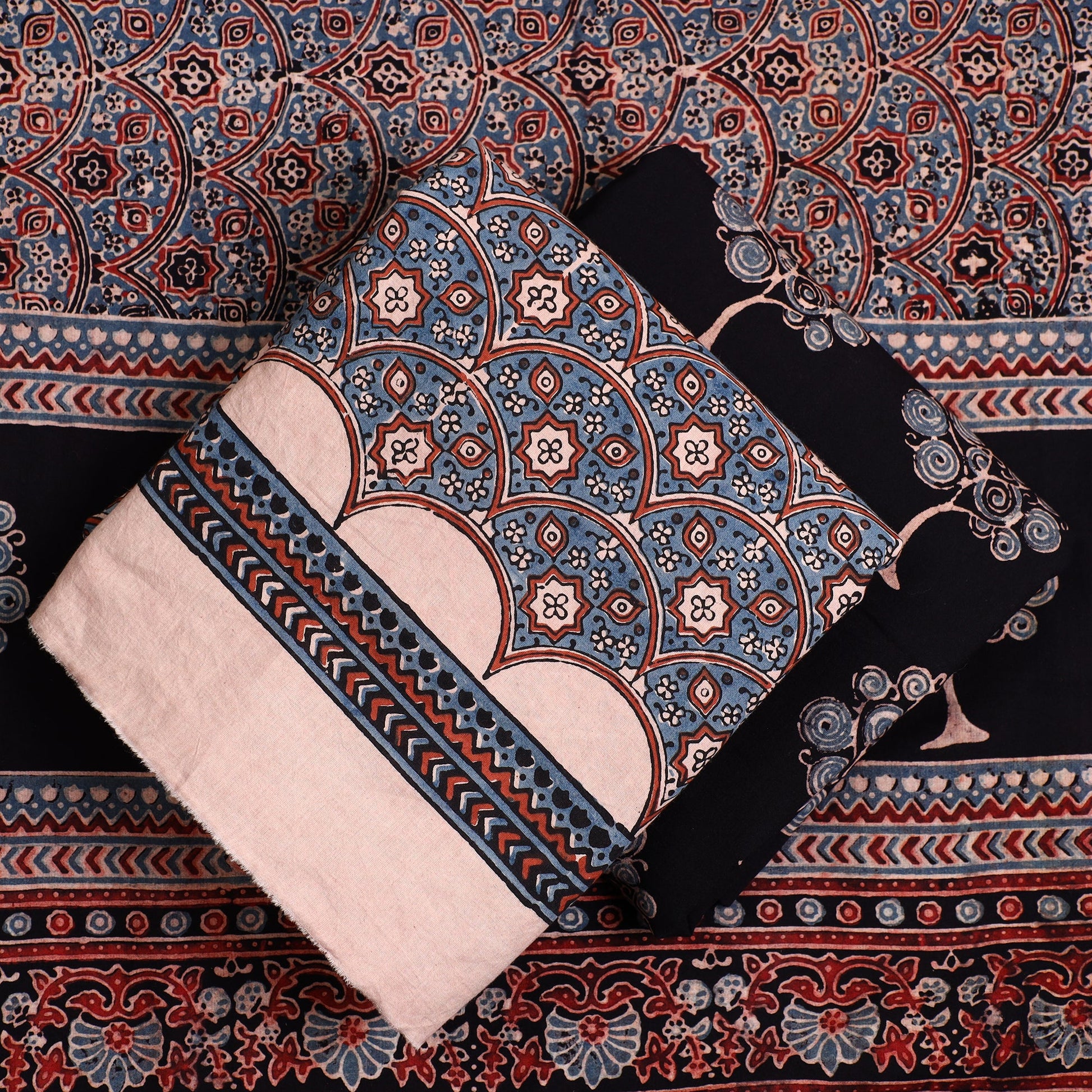 Blue - 3pc Ajrakh Block Printed Natural Dyed Cotton Suit Material Set 01