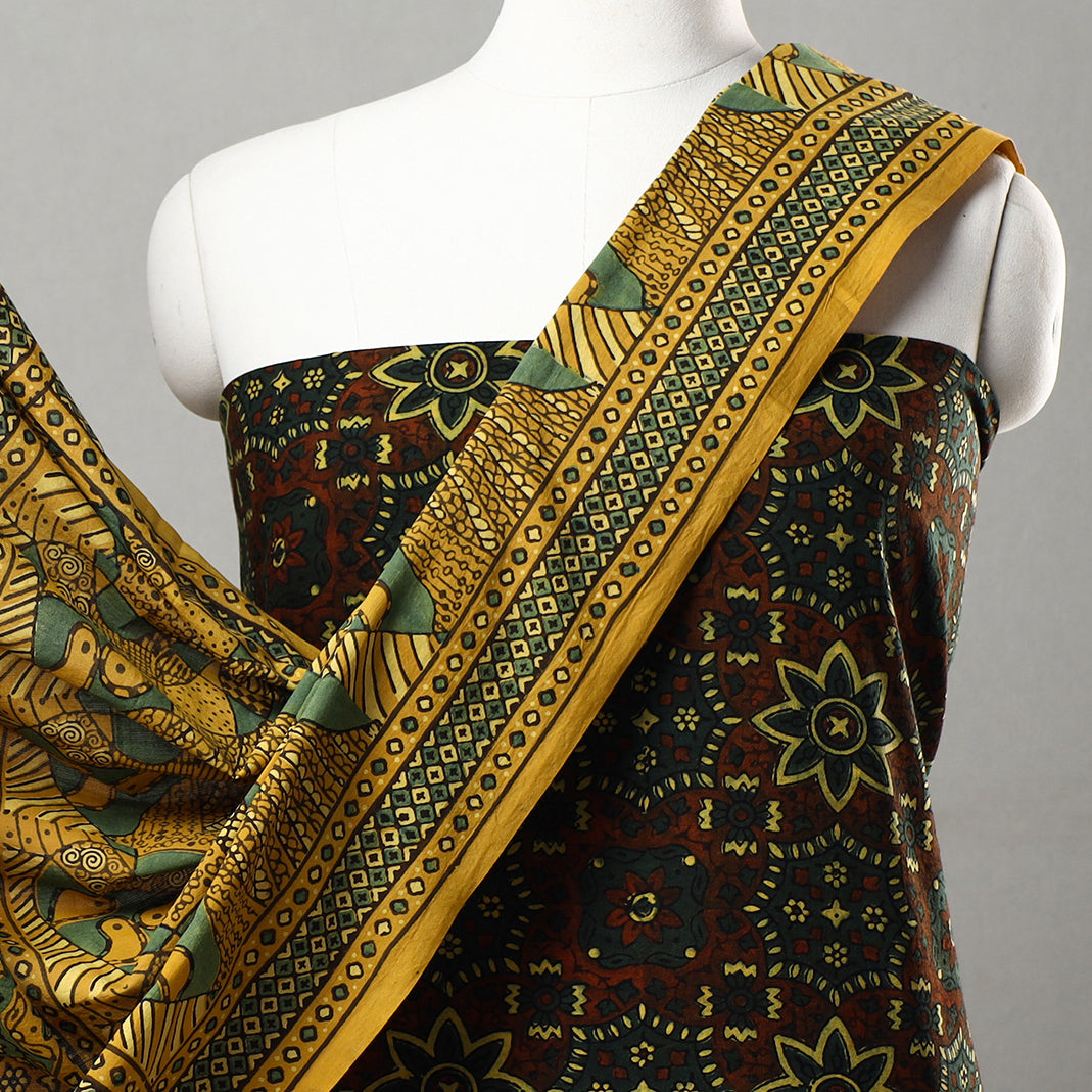 Brown - 3pc Ajrakh Block Printed Natural Dyed Cotton Suit Material Set 07