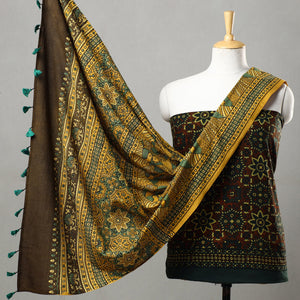 Brown - 3pc Ajrakh Block Printed Natural Dyed Cotton Suit Material Set 07